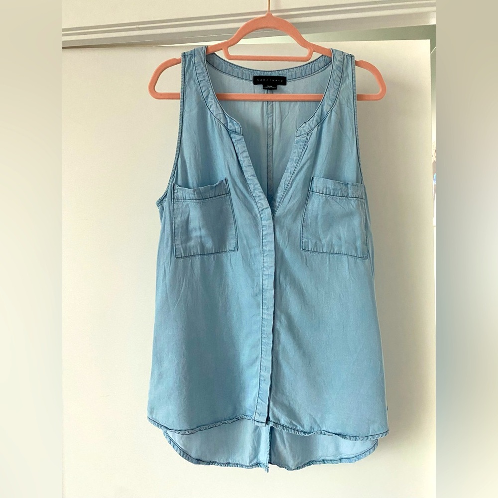 Sanctuary Chambray-Style Light Blue Sleeveless V-Neck Tank